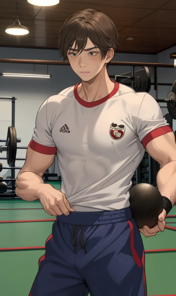 toned young man, full body, short black hair, adidas shirt, tight fitting shorts, bulge, chavalpha