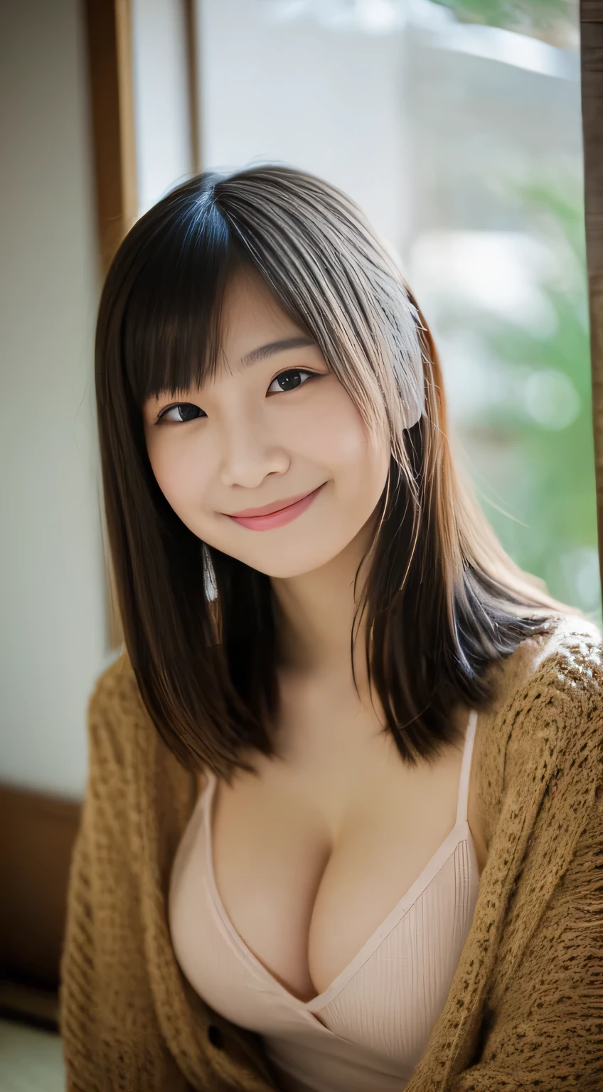 masterpiece,best quality,(Japanese girl),((Beautiful girl)),cleavage,indoor,(perfect body beauty:1.2),(shy smile),beautiful teeth,