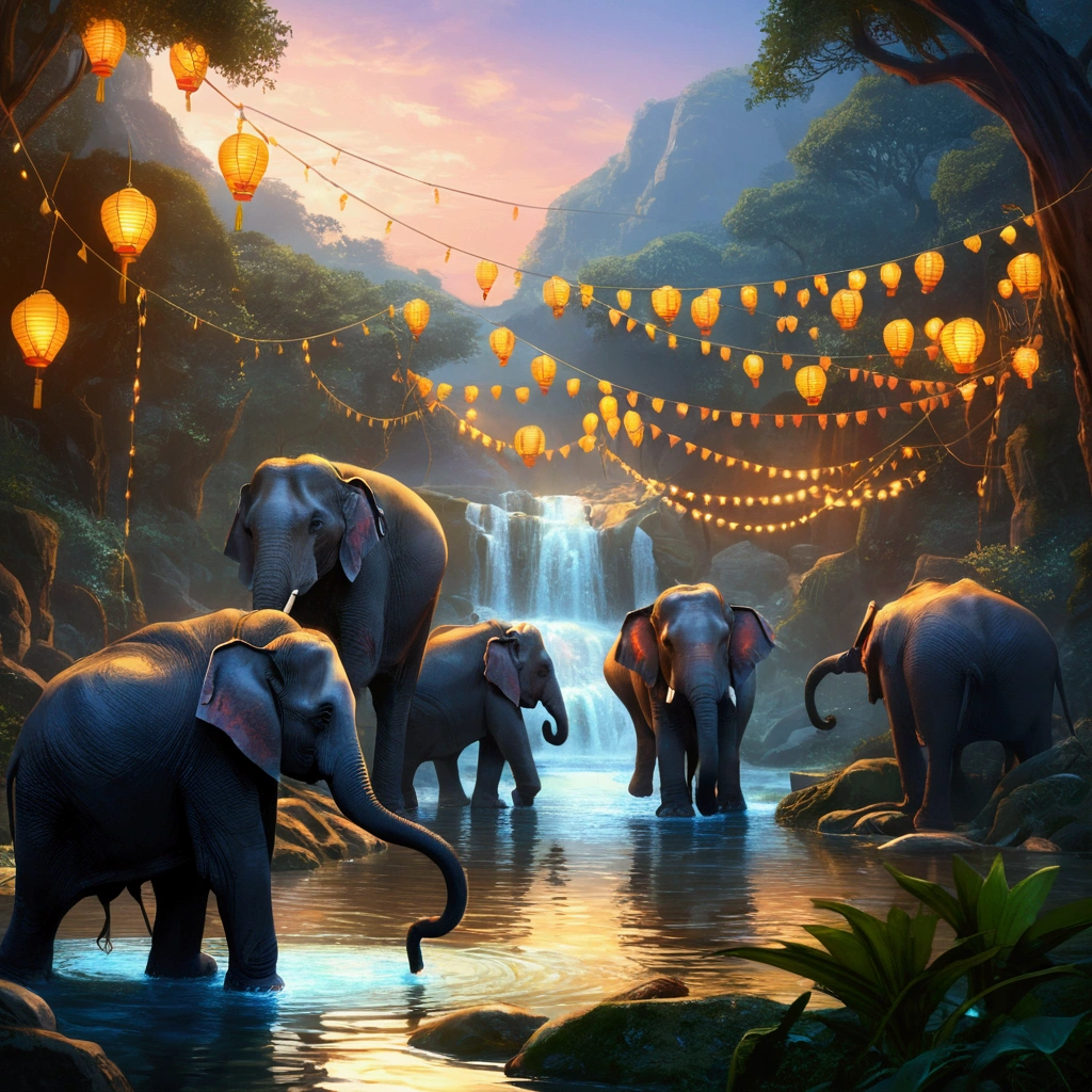 araffes in a stream with elephants and lanterns in the background, magical concept art, beautiful concept art, beautiful digital artwork, disney concept art, concept art magical highlight, concept art stunning atmosphere, 8k stunning artwork, stunning! concept art, disney concept art :: nixri, disney render, 4k highly detailed digital art, 8 k highly detailed art