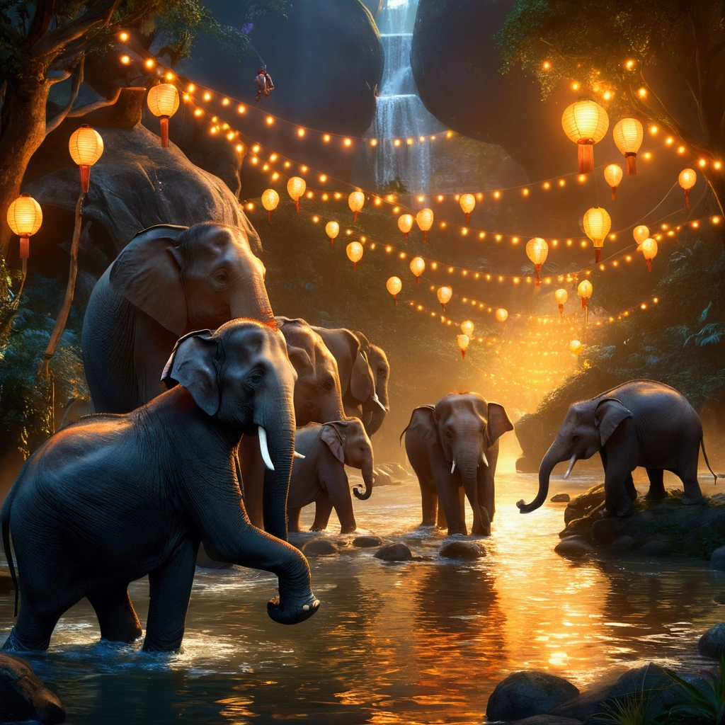 araffes in a stream with elephants and lanterns in the background, magical concept art, beautiful concept art, beautiful digital artwork, disney concept art, concept art magical highlight, concept art stunning atmosphere, 8k stunning artwork, stunning! concept art, disney concept art :: nixri, disney render, 4k highly detailed digital art, 8 k highly detailed art