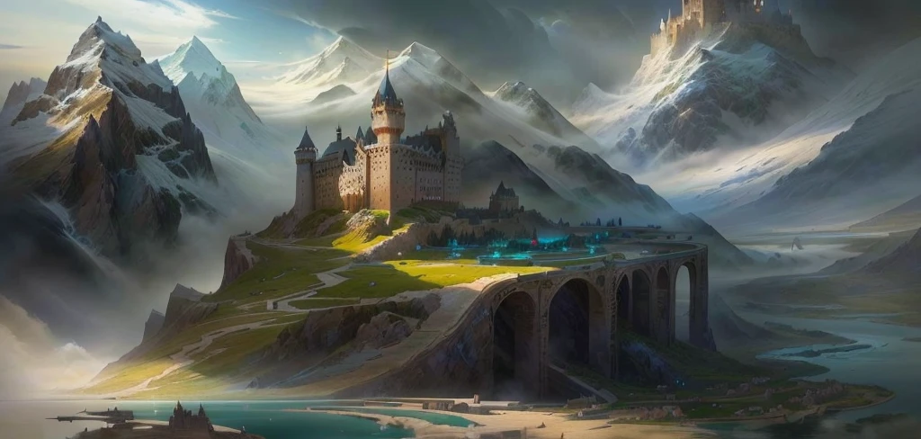 There is a castle between the mountains and the river, Game Art Painting, Fantasy painting, Concept Art. Epic Landscapes, high Fantasy painting, matte painting Concept Art, detailed 4k Concept Art, Dota! matte painting Concept Art, Dota matte painting Concept Art, Concept Art matte painting, Fantasy art landscape, Illustrations