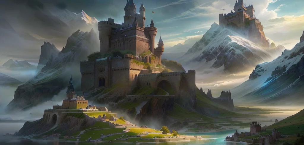 There is a castle between the mountains and the river, Game Art Painting, Fantasy painting, Concept Art. Epic Landscapes, high Fantasy painting, matte painting Concept Art, detailed 4k Concept Art, Dota! matte painting Concept Art, Dota matte painting Concept Art, Concept Art matte painting, Fantasy art landscape, Illustrations