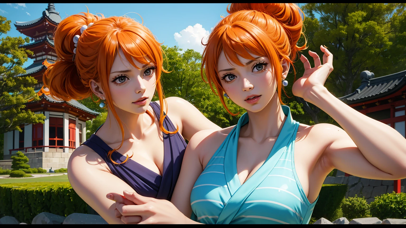 masterpiece, (photorealistic:1.5), best quality, beautiful lighting, real life,
nami \(one piece\),
5girls sitting on a wooden bench, identical girls, close together, architecture, cherry blossoms, east asian architecture, falling petals, blue flower bikinis, long hair, open mouth, orange hair, petals, butterflies, shoulder tattoo, solo, nami's tattoo, teeth, upper teeth only, looking at themselves, kissing, hugging, same color hair, same color bikinis, identical hair, identical bikinis, intricate, high detail, sharp focus, dramatic, beautiful girls , (RAW photo, 8k uhd, film grain), caustics, subsurface scattering, reflections, dynamic angle, wide angle,