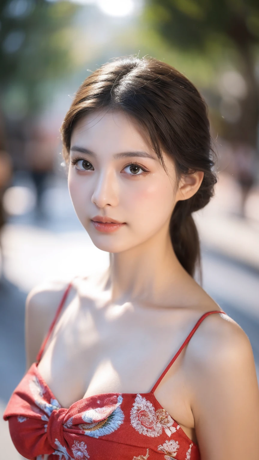 ((Best quality, 8k, masterpiece:1.3)),1girl,18 years old,Asian,Real texture:1.3,(Background blur:1.1),Dress Up,Tall and slender figure:1.2,(Hot summer weather),(street:1.3),Highly detailed face and skin textures,Exquisite eyes,Long eyelashes,Double eyelids,Skin Whitening,happy,Various postures,Beautiful breasts