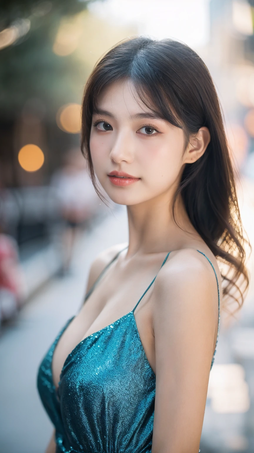 ((Best quality, 8k, masterpiece:1.3)),1girl,18 years old,Asian,Real texture:1.3,(Background blur:1.1),Dress Up,Tall and slender figure:1.2,(Hot summer weather),(street:1.3),Highly detailed face and skin textures,Exquisite eyes,Long eyelashes,Double eyelids,Skin Whitening,happy,Various postures,Beautiful breasts