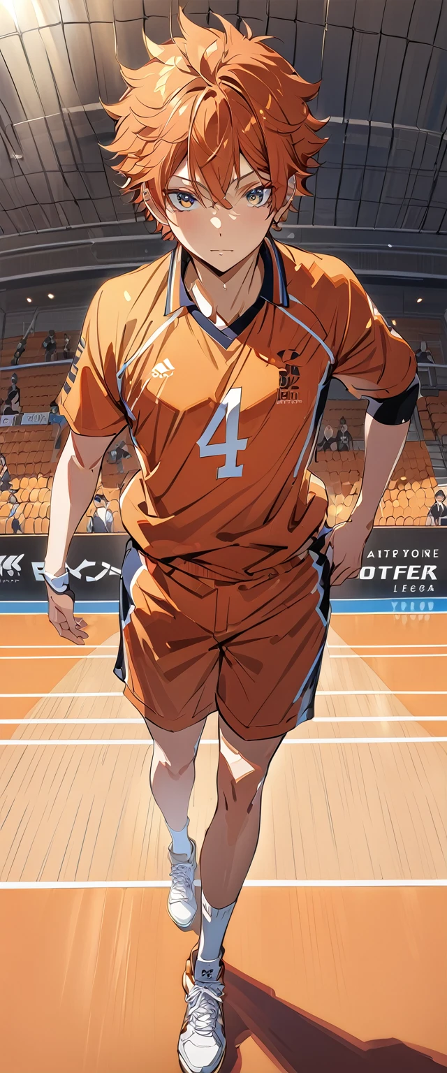 (Highest quality),(masterpiece), 8k,Very detailed, Detailed light, Best Shadow,Detailed reflective eyes, Beautiful Eyes, Very detailedな顔,Shiny Hair,One person,Gloss,Hinata Shoyang,Orange Hair,looking at the camera,front,Sense of presence,Volleyball court,Expressionless,spike,Description during jump,One Boy,Hinata Shoyo,spikeモーション,