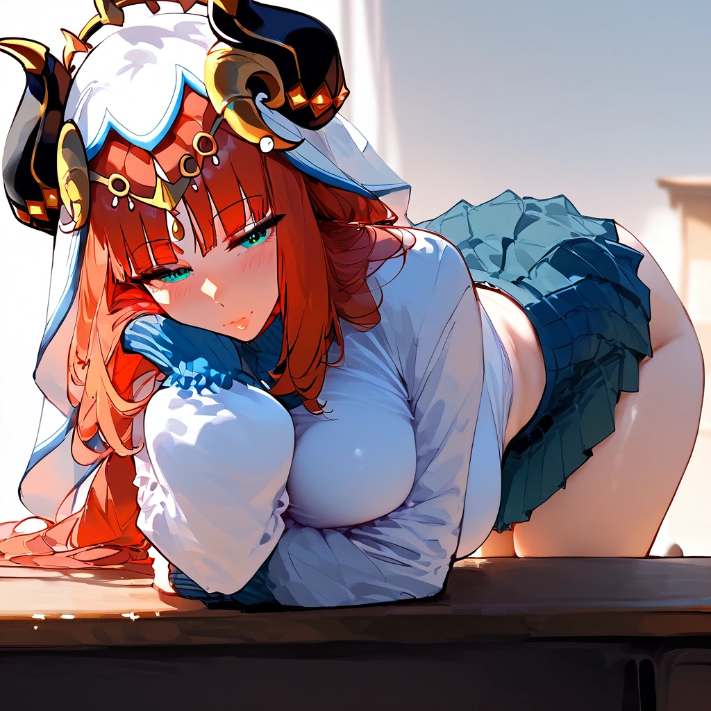 score_9, score_8_up, score_7_up, score_6_up, score_5_up, score_4_up, 1girl, Nilou, Genshin impact,, large breasts,,,, floox style, rating_explicit, floox style, high resolution,,, expressiveh,, perfect anatomy, masterpiece, solo, gray background,, (school outfit:1.2), skirt, sweater, on desk