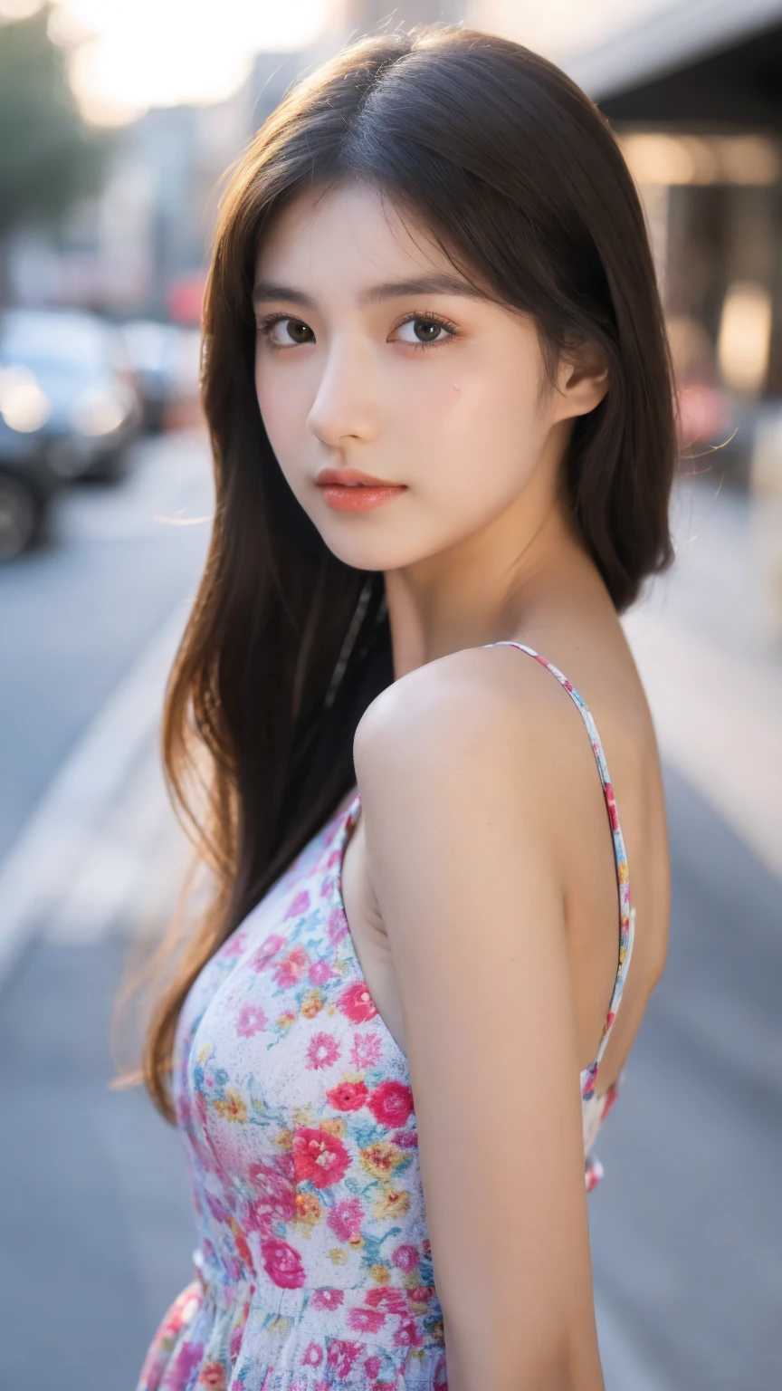 ((Best quality, 8k, masterpiece:1.3))，1girl，18 years old，Asian，Real texture:1.3，(Background blur:1.1)，Dress Up，Tall and slender figure:1.2，(Hot summer weather)，（street:1.3），Highly detailed face and skin textures，Exquisite eyes，Long eyelashes，Double eyelids，Skin Whitening，happy，Various postures，Beautiful breasts