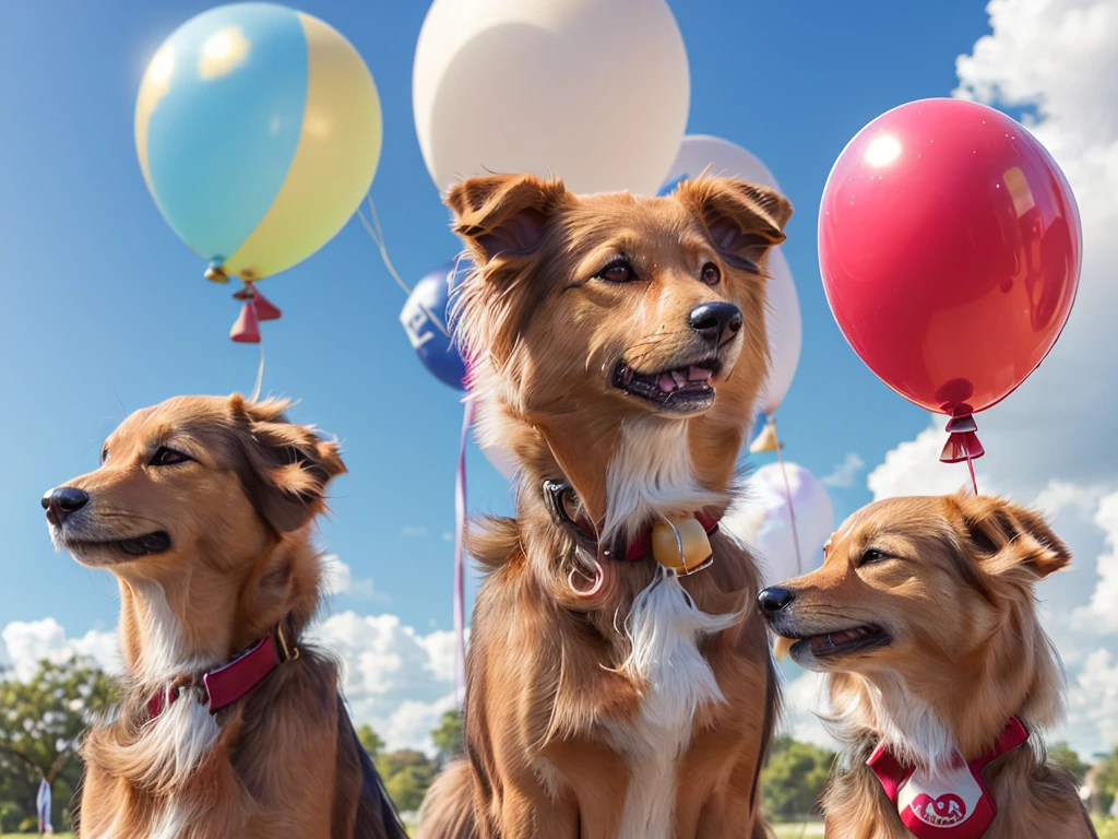 uhd, masterpiece, best quality, highres, (((Dog and balloon、Aboveにいる)))、Tying balloons、Above、Blue sky as far as the eye can see