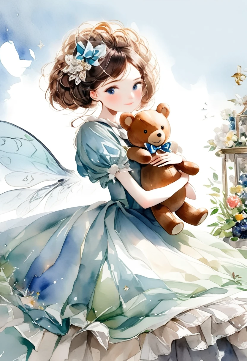 ((antique:1.5)),((hugging a teddy bear)),(Teddy bear),Beautiful and cute woman,1 Female,Solo,Sharp features,Sophisticated,((Watercolor:1.5)),whole body,Ultra-high resolution,((Attention to detail:1.5)),Highest quality,(vintage:1.4),(Cute pose:1.3),fairy tale,Alice,So adorable,model like,Fluffy atmosphere,(Accurate body),((antiqueな服)),(Handwriting),Fashionable hairstyle,