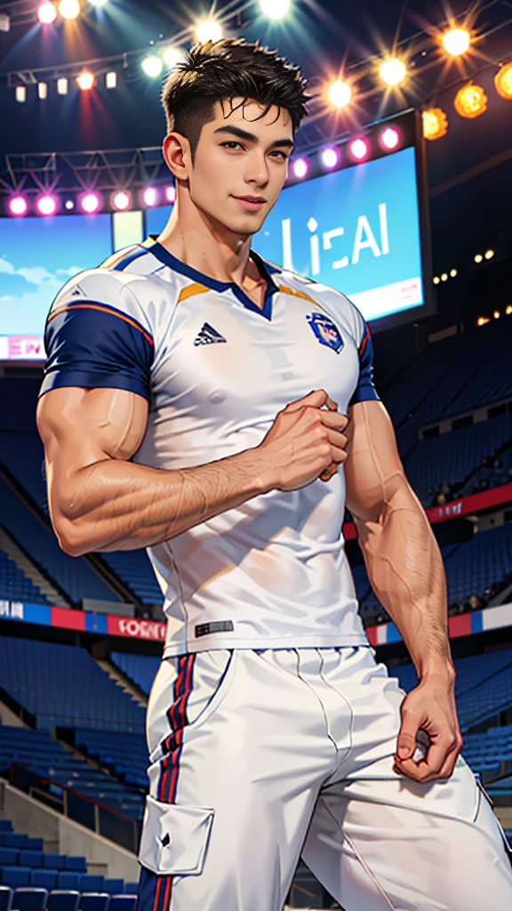 1 man, smile, (wearing white clothes, round neck, short sleeve football shirt.), Navy cargo pants, Korean guy , korean men, (High gloss details), chest muscles, Big arm muscles, blood vessel, big muscles, Broad shoulders, looking at the audience, Balancing the eyes, (Make eye contact), sports stadium, football
