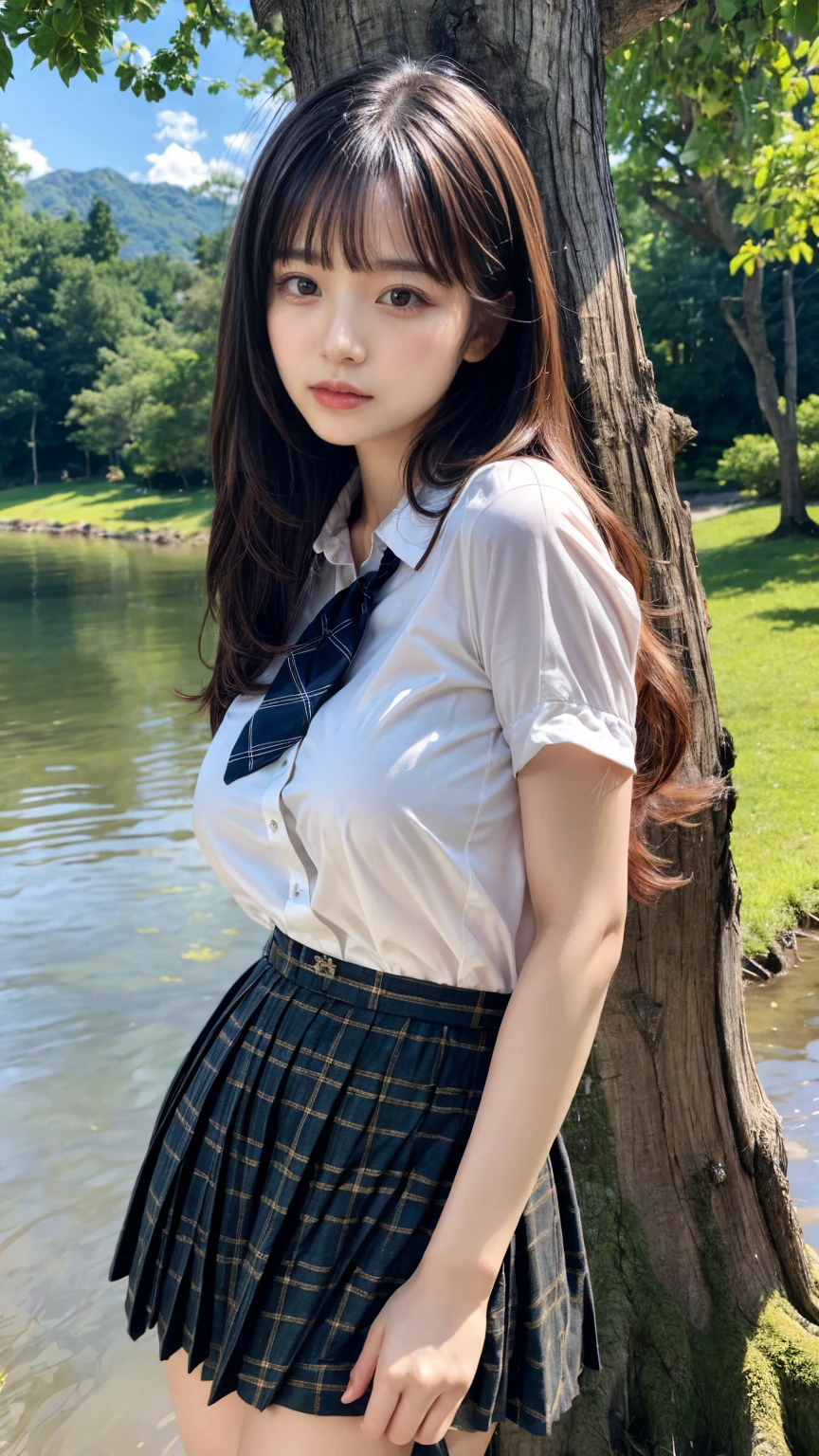 (absurdres:1.3), (highres:1.3), (ultra detailed:1.3),(1girl:1.3), (extremely detailed CG unity 8k wallpaper:1.3), (detailed skin texture, detailed cloth texture, detailed hair texture), (beautiful detailed face, supermodel, pale skin, realistic glistening skin), (RAW photo, best quality), (realistic, photo-realistic:1.4), masterpiece, extremely delicate and beautiful,Amazing, finely detail, extremely detailed CG unity 8k wallpaper, huge filesize, ultra-detailed, highres, absurdres, soft light,rim light, vibrant details, hotel room, straight hair, large breasts, black hair color, Big Natural Color Lip, (perfect body shape), beautiful legs, 20 years old, Beauty、Well-formed face、Make your eyes even、Large sagging eyes、Beautiful black hair、Has bangedium build、Well-balanced proportions、Arms wrapped around his back, hands tie behind back, Tartan plaid pleated skirt、Blue Short Sleeve Blouse、Beautiful scenery、(front view:1.3), Leaning against a large tree on the shore of a beautiful lake、