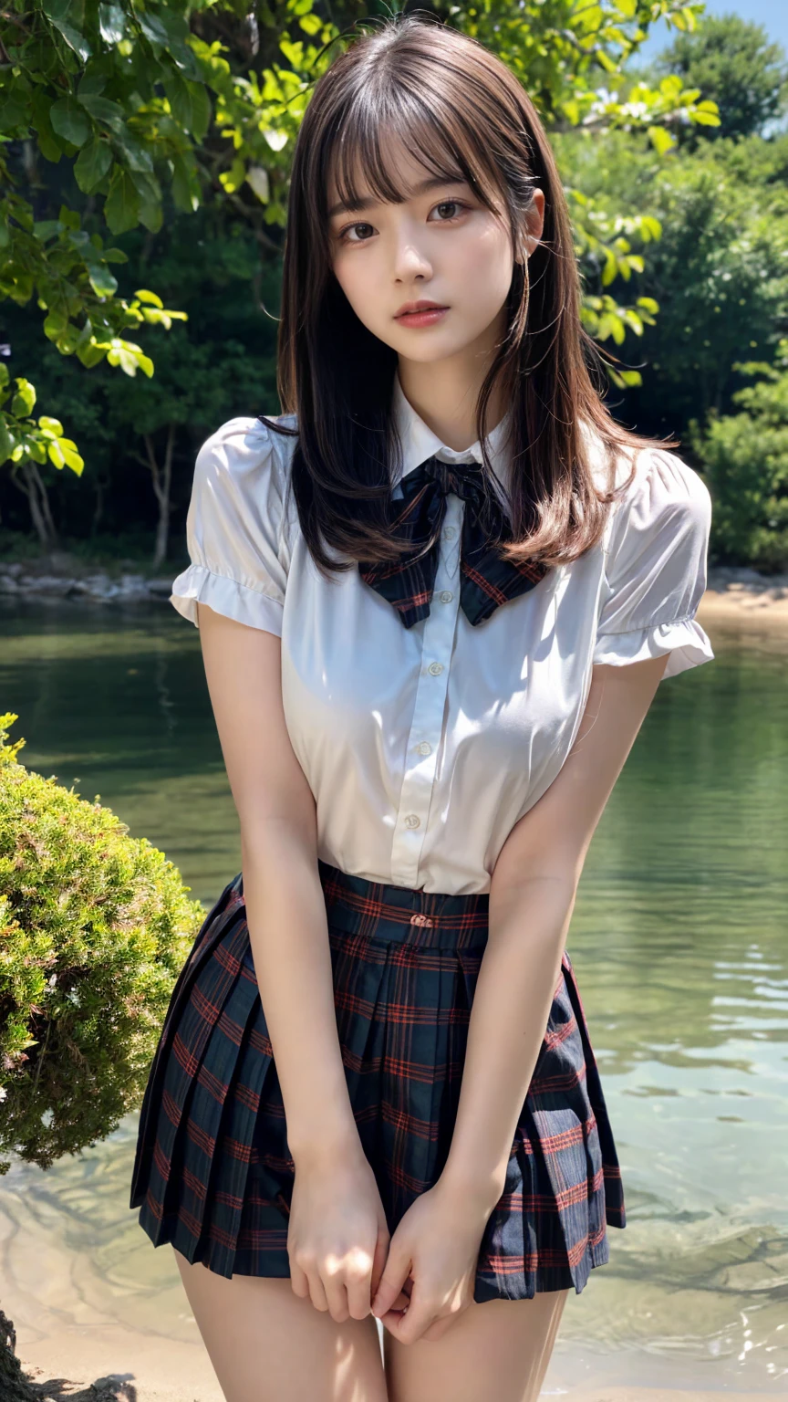 (absurdres:1.3), (highres:1.3), (ultra detailed:1.3),(1girl:1.3), (extremely detailed CG unity 8k wallpaper:1.3), (detailed skin texture, detailed cloth texture, detailed hair texture), (beautiful detailed face, supermodel, pale skin, realistic glistening skin), (RAW photo, best quality), (realistic, photo-realistic:1.4), masterpiece, extremely delicate and beautiful,Amazing, finely detail, extremely detailed CG unity 8k wallpaper, huge filesize, ultra-detailed, highres, absurdres, soft light,rim light, vibrant details, hotel room, straight hair, large breasts, black hair color, Big Natural Color Lip, (perfect body shape), beautiful legs, 20 years old, Beauty、Well-formed face、Make your eyes even、Large sagging eyes、Beautiful black hair、Has bangedium build、Well-balanced proportions、Arms wrapped around his back, hands tie behind back, Tartan plaid pleated skirt、Blue Short Sleeve Blouse、Beautiful scenery、(front view:1.3), Leaning against a large tree on the shore of a beautiful lake、