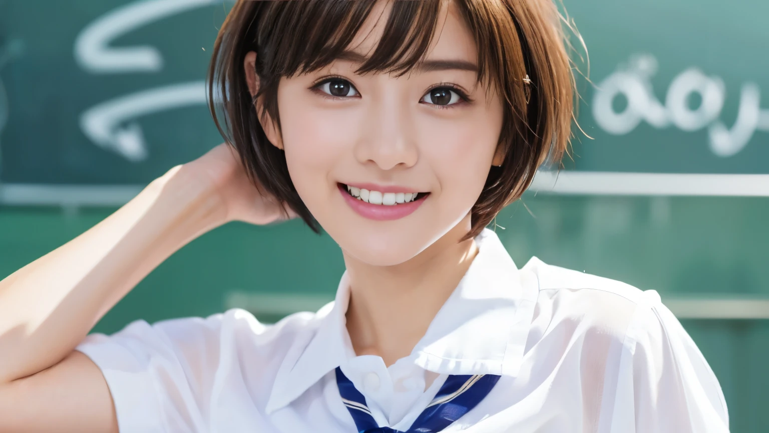 Highest quality、shape、 Very detailed、finely、 High resolution、8k wallpaper、完璧なダイナミックな構shape、Beautiful girl、A neat and mature high school girl、Beautiful face in every detail、Beautiful eyes in every detail、Rough skin、A faint smile、Small breasts、inside a stylish cafe、((Schoolgirl uniform、short hair:1.4))、((Looking at the audience、smile))、((White open shirt、Loose tie:1.3))、Photo taken in a cafe