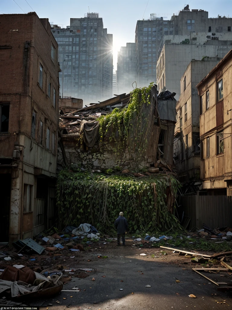 The photograph shows an apocalyptic street view of a financial center 150 years after the fall of human civilization. A man in rags looking for food. The buildings and streets are ruined and covered with lush vegetation up to the roof. There are rusty car wrecks staying in disarray on the street, also overgrown with vegetation. The whole is illuminated by sharp sunlight creating an interesting chiaroscuro, and in the distance there is a delicate blue morning mist.