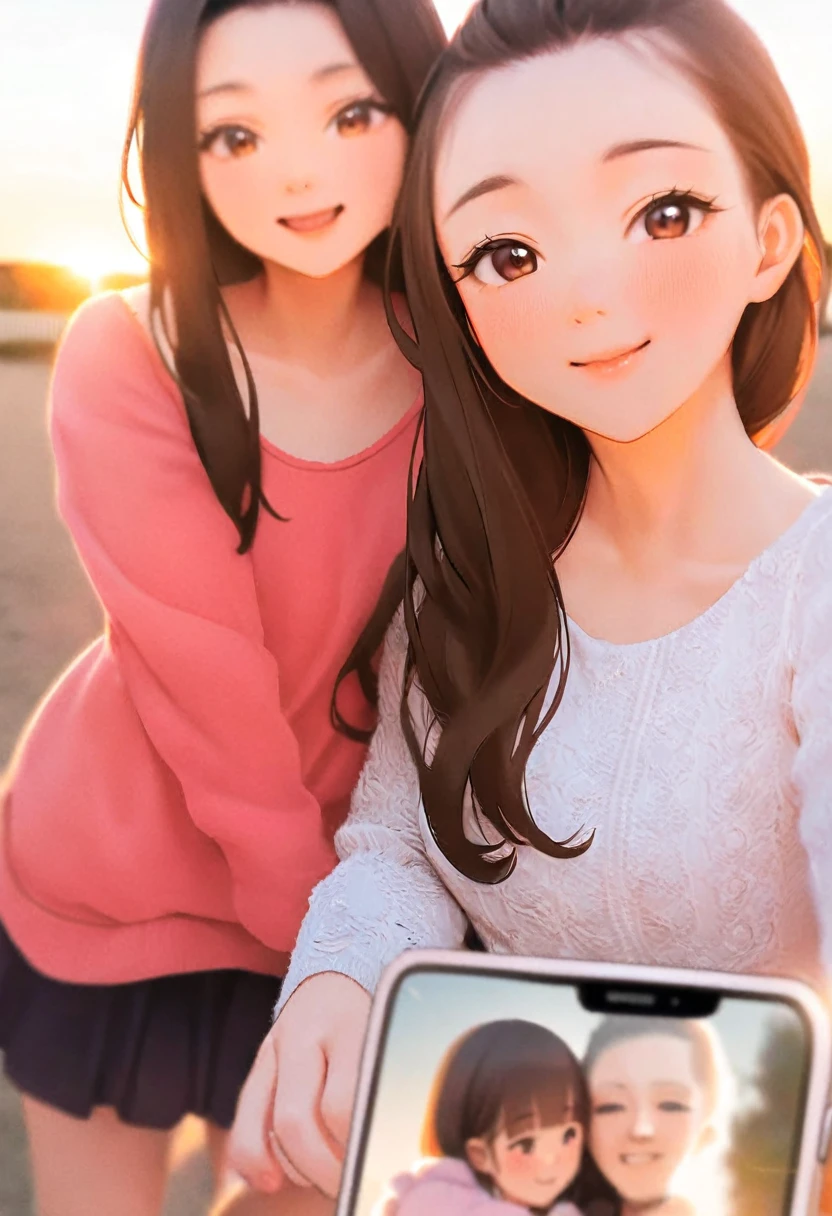 there are two young girls posing for a picture together, candid picture, very very low quality picture, with lovely look, taken with the best dlsr camera, during sunset, lovely couple, with sunset, photo taken with canon 5d, iphone picture, with a kid, profile pic, with her long, with kind face, with accurate face, in love selfie