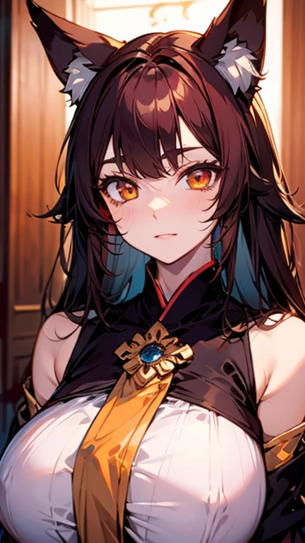 crossdressing,tsurime,orange eyes,fox_ears,Fox tail,red_hair,Low-tied long hair,hanfu,1boy, huge breast , golden eyes , detailed face , under breast