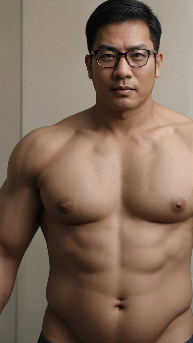 asiatic man, swollen belly, big belly, muscular, glasses