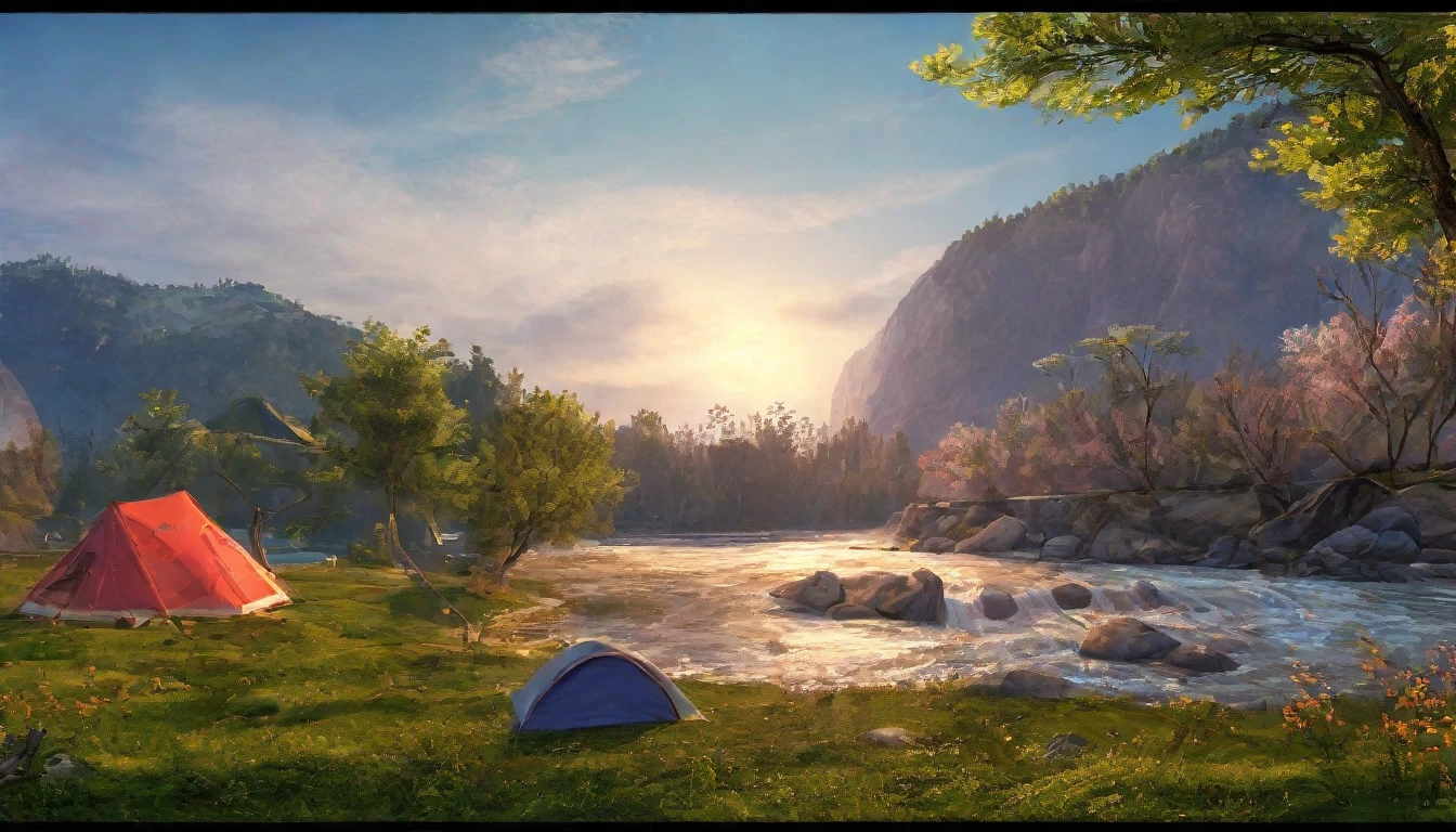 spring,camp site,River side,Rich in nature,Highest quality, 8k, High resolution, masterpiece:1.2, Very detailed, Realistic:1.37, High resolution, 超High resolution, Very detailed, Professional, Vibrant colors