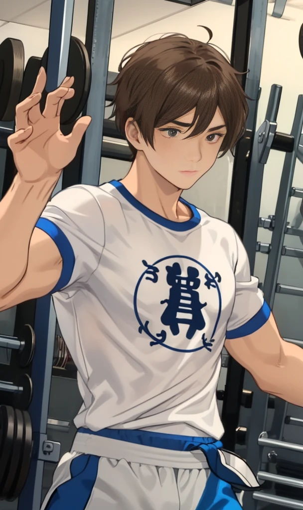 1 boy,Dojo,Gym ,White and blue t-shirt
