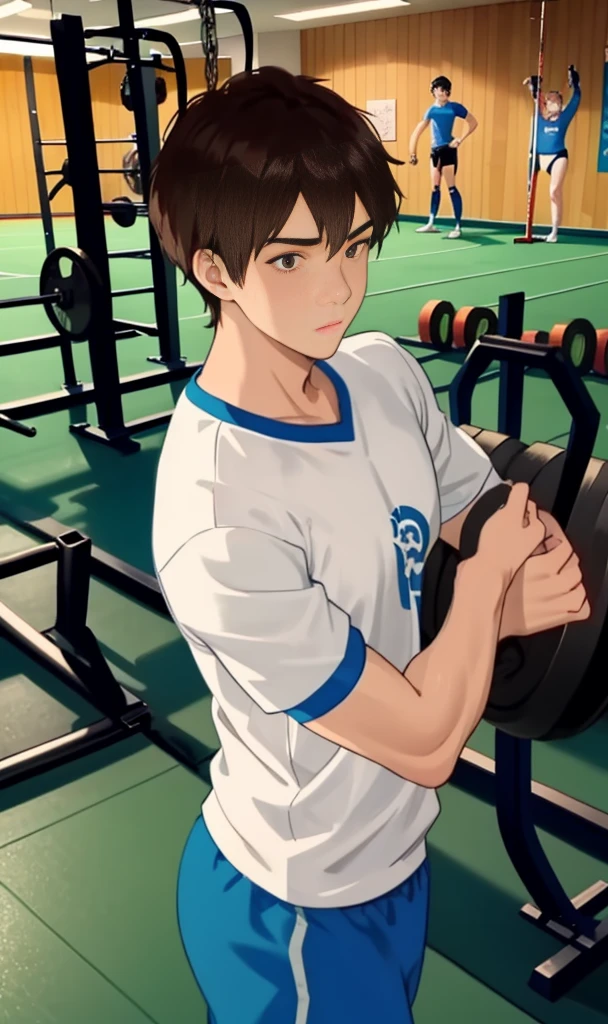 1 boy,Dojo,Gym ,White and blue t-shirt