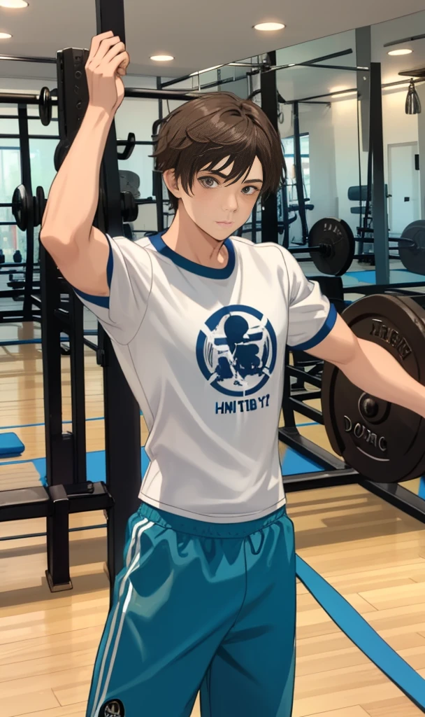 1 boy,Dojo,Gym ,White and blue t-shirt