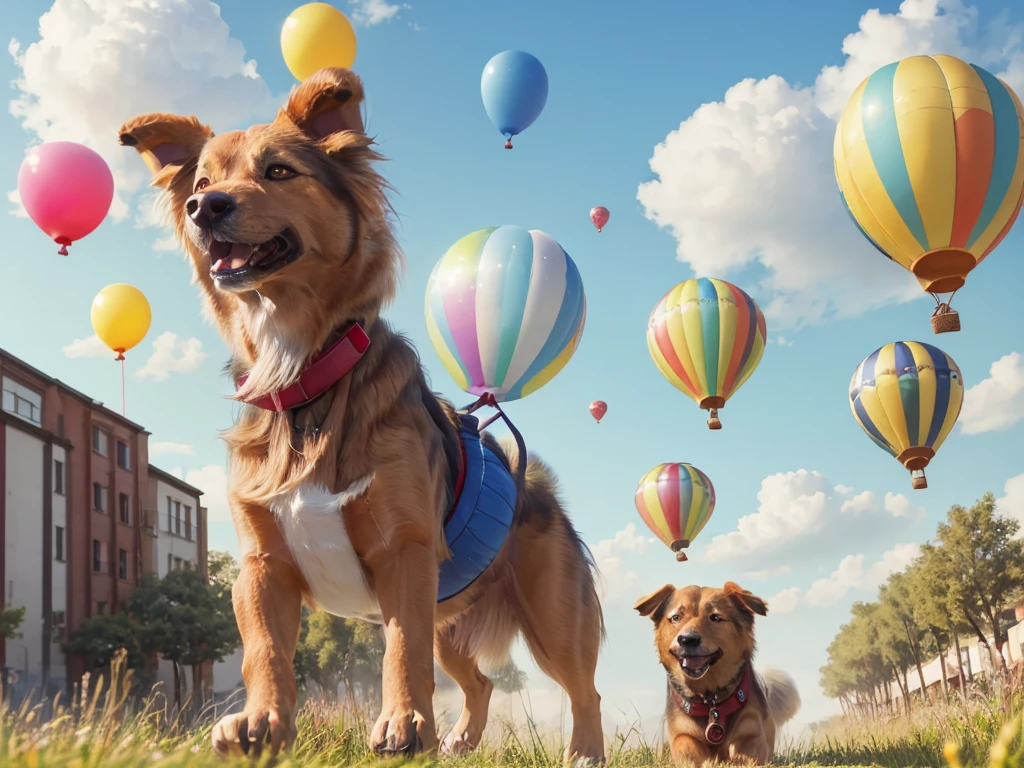 uhd, masterpiece, best quality, highres, (((Dog and balloon、Aboveにいる、Running through the blue sky)))、Tying balloons、Above、Blue sky as far as the eye can see