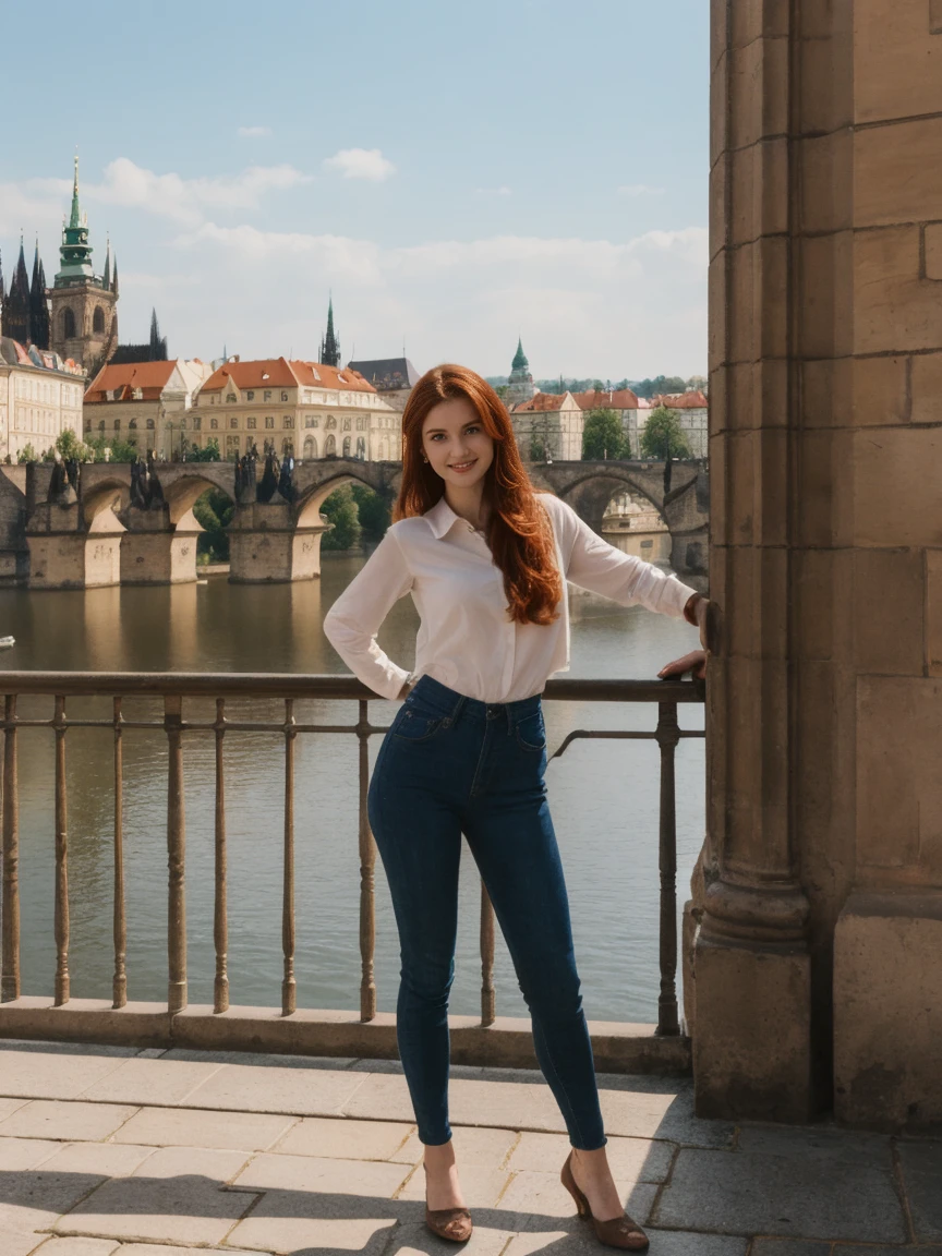 her name is Amelie, high quality, 1girl, ((20-year-old fit Caucasian woman)),((hourglass body shape)),((auburn hair)),((thin belly,thin legs)), ((20 years old)), ((fit)), ((Halo Braid)), pose: standing, wearing unique Generation-Z modern wear pastel colored, BACKGROUND: On the Charles Bridge, with its Gothic statues and views of the Vltava River and Prague Castle