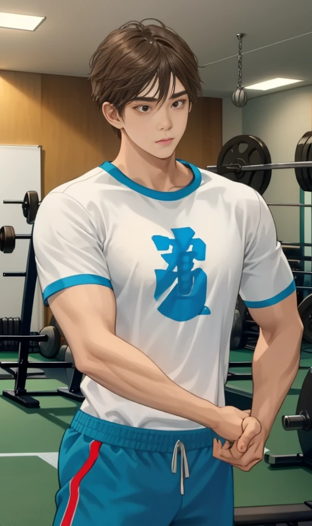 1 handsome man, Gym ,White and blue t-shirt