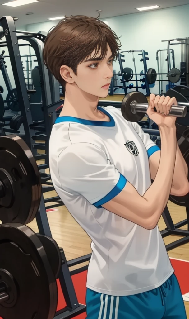 1 boy,Dojo,Gym ,White and blue t-shirt
