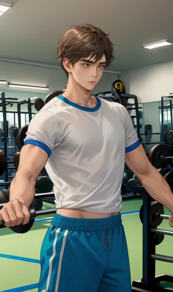1 boy,Dojo,Gym ,White and blue t-shirt