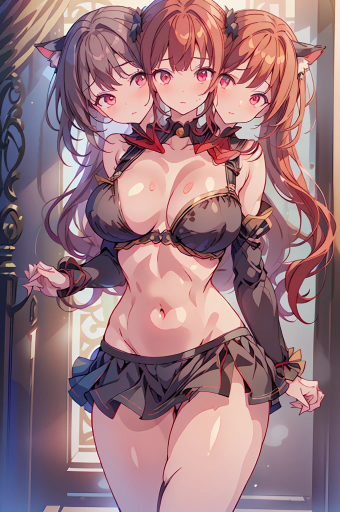 (masterpiece, best quality), best quality, (ultra-detailed), ((3heads:1.5)), 1girl, (kaenbyou rin:1.3), masterpiece, best quality, ultra quality, ultra resolution, ultra detail, black top, crop top, ((stomach)), midriff, ((groin)), black skirt, normal ears, shackles, red hair, very long hair, wavy hair, sidelocks, dark red eyes, parted lips, sweat, cute, toned belly, hand on own chest, eyelashes, (25 year old woman:1.3), (masterpiece:1.5), (best quality:1.5), (beautiful detailed eyes), extremely detailed CG, extremely delicate and beautiful, depth of field, (finely detailed face), (perfect details:1.2), (mature female:1.3), wide pelvis, slender, large veiny breast, 16k resolution, highres, high quality, high definition, extremely detailed, masterpiece, best quality, red hair, long hair, alluring presence, twin braid, short skirt, close up, very big tits, huge tits, young, cat girl, black cat ears, neko girl, ((redhead)),