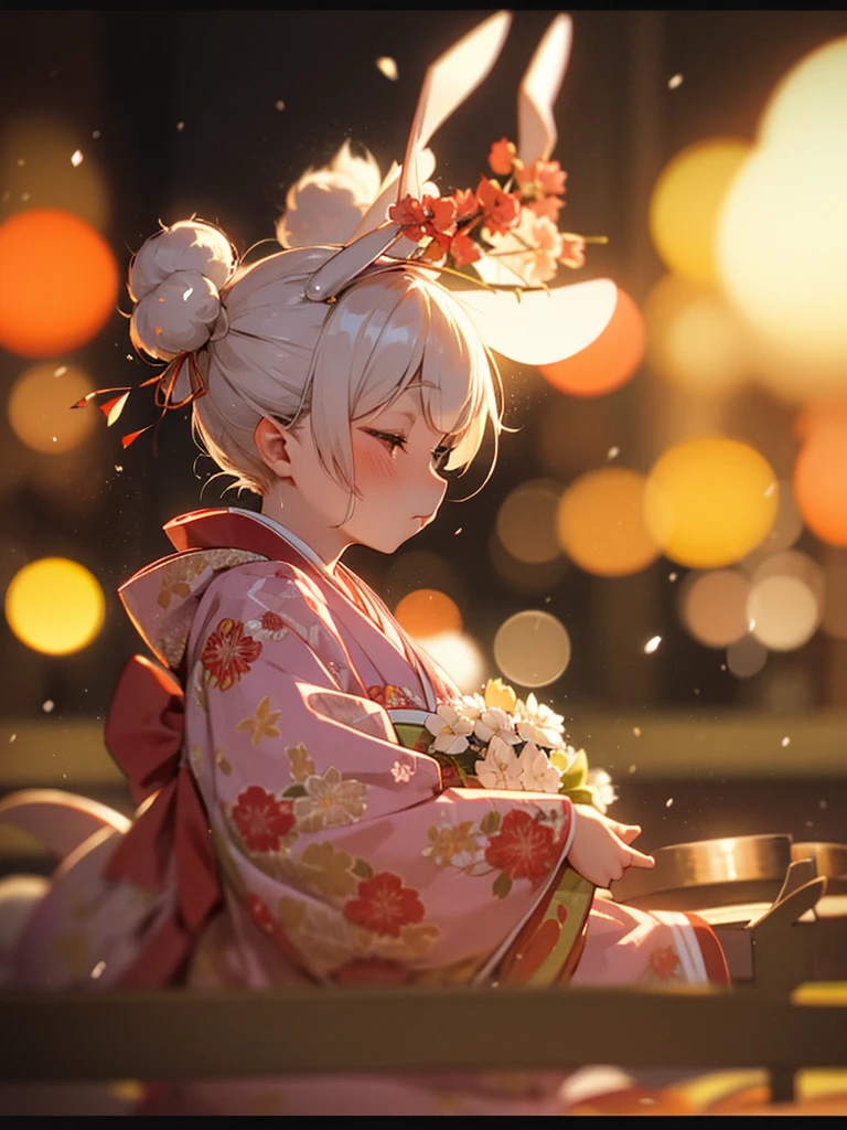 (Sumilux f1.4 50mm , low Latitude old color negative film , cross process , bokeh, flare, chromatic aberration , soft focus, (Shallow focus) , soft glow , Maximum aperture, High Key , Transparent depiction) , Japanese Heian period , Royal girl, rabbit ear , kimono, sitting , (Peony flowers blooming:0.6) , closeup face , Snow is falling