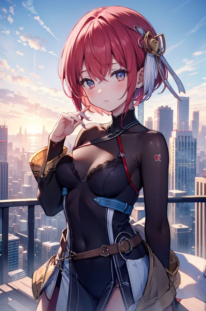 On top of a building、Overlooking the city、A fleeting expression、short hair、Concept Art、masterpiece、high resolution、Small breasts、Photographed from the front