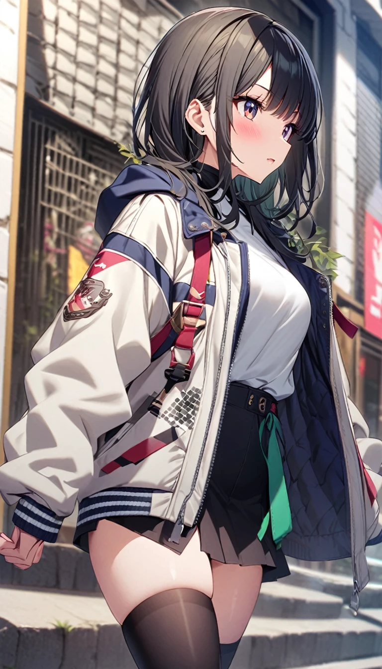 蝶が飛んでいる、1girl, stylish, street style, stylish code, large jacket