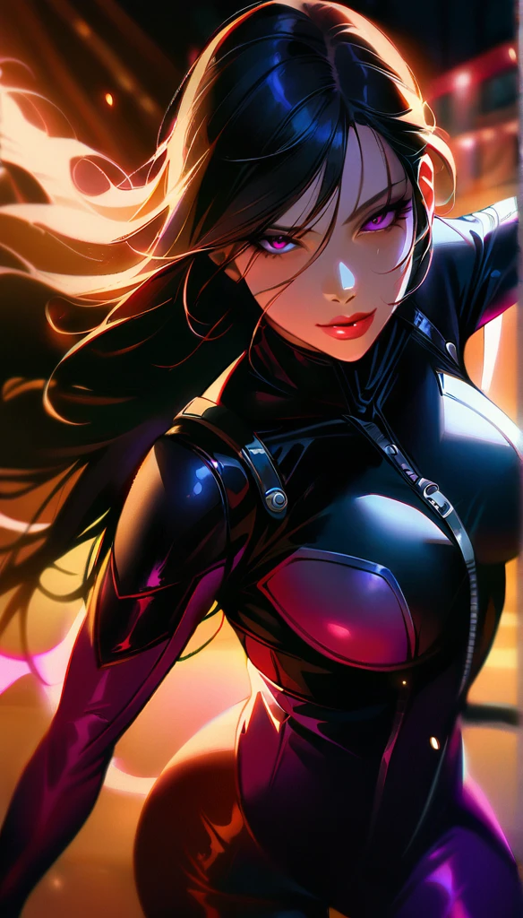 (1girl, seductive woman, villainous, flirtatious smile, strange and powerful supernatural powers, dynamic and powerful pose, full body shot, detailed facial features, villans swxy suit, high-quality, hyperrealistic, photorealistic, detailed, cinematic lighting, dramatic lighting, dark and somber color palette, cinematic composition, professional photography, masterpiece)