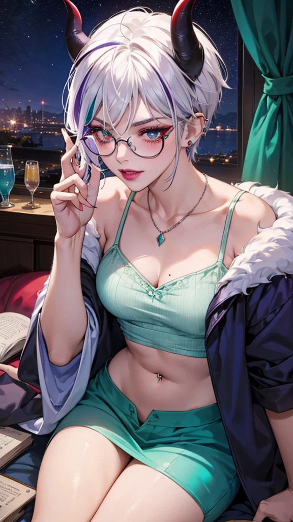 8k, masterpiece, best quality, highly detailed, 1 girl, tiefling, warlock, multicolored hair, very short straight hair green highlight hair on white hair, strippled hair, wearing glasses, round glasses, earrings, navel piercing, night gown, red eyeshadow, long eyelashes, blushed cheek, red lips, necklace, rings, collarbone, mole, glamorous, teal clothing, purple clothes, smirk, close up view, rings, looking at viewer, demon horns, solo, nightmarish landscape, blue pale moon, sitting, holding devil books