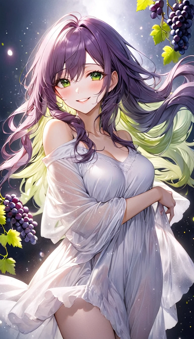 beautiful woman, two side up messy wavy fluffy long hair, make-up, wearing loose white dress made of thin knit fabric, seductive smile, amorous and lewd expression, great Proportions, glitter effects, foggy filter effects, 2.5D, delicate and dynamic, BREAK background black, fresh bunches of purple grapes, fresh bunches of green grapes