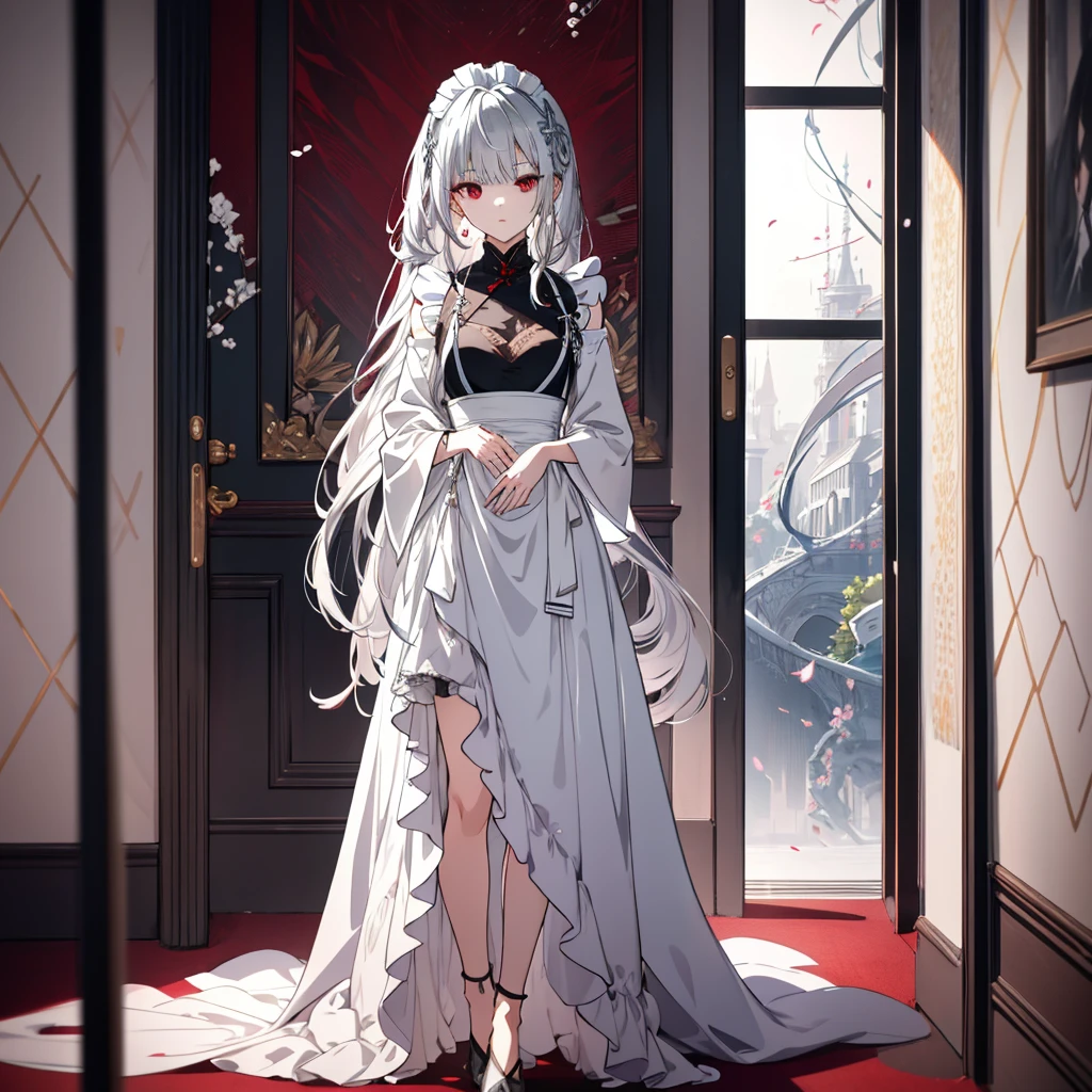 8k,High resolution RAW color art,Anime Art, (((Very detailed and cool))), Detailed skin, Blurry、texture,(Exquisitely crafted, Finer details, Ultra-detailed art), (((1 girl))), Written boundary depth, Silky to the touch, Hyper Detail, (((Cool face))), eye shadow、Silver Marble Skin, Beautiful and detailed red eyes, Beautiful lip detail, Very delicate face, Delicate depiction of hair and eyes, Delicate fashion, Full body description、Long silver hair、Red Eyes、Simple maid clothes、Inside the house、A subtle piece、Standing posture