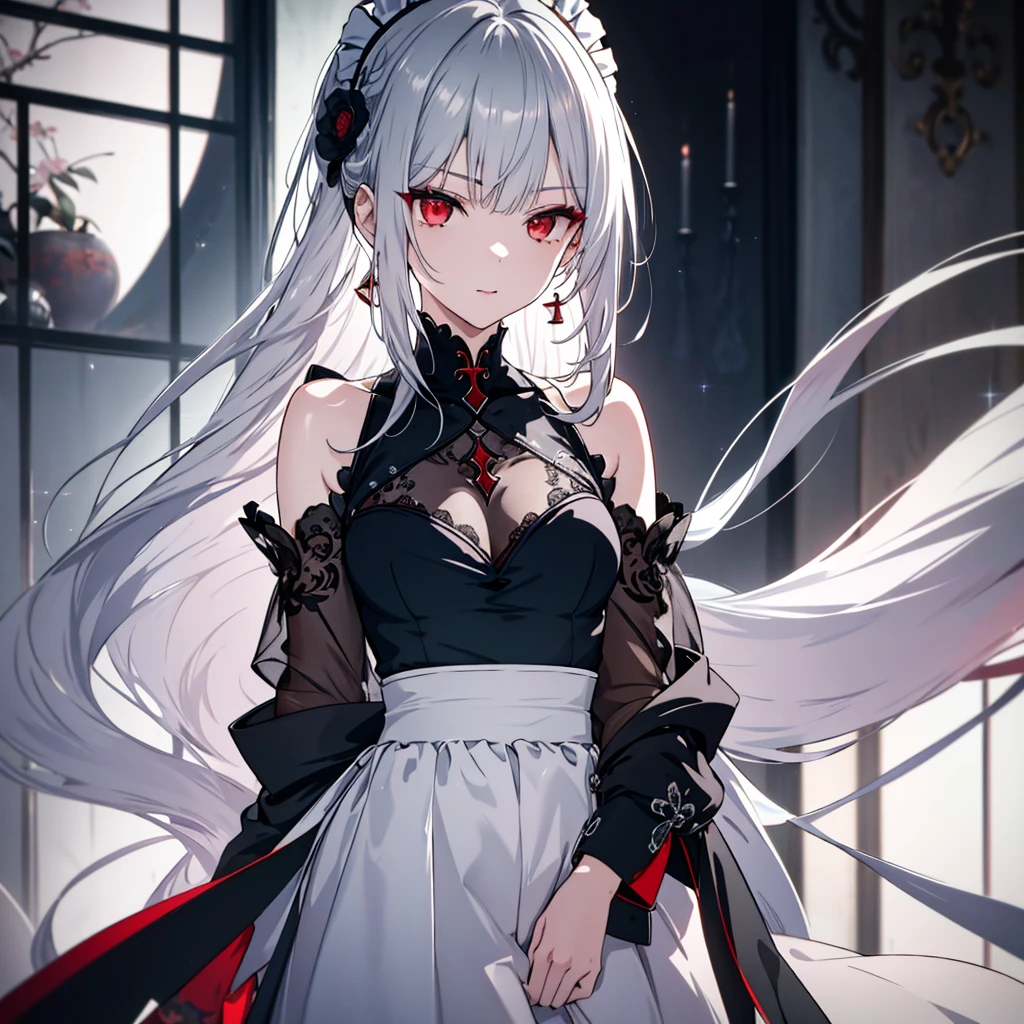 8k,High resolution RAW color art,Anime Art, (((Very detailed and cool))), Detailed skin, Blurry、texture,(Exquisitely crafted, Finer details, Ultra-detailed art), (((1 girl))), Written boundary depth, Silky to the touch, Hyper Detail, (((Cool face))), eye shadow、Silver Marble Skin, Beautiful and detailed red eyes, Beautiful lip detail, Very delicate face, Delicate depiction of hair and eyes, Delicate fashion, Full body description、Long silver hair、Red Eyes、Simple maid clothes、Inside the house、A subtle piece、Standing posture
