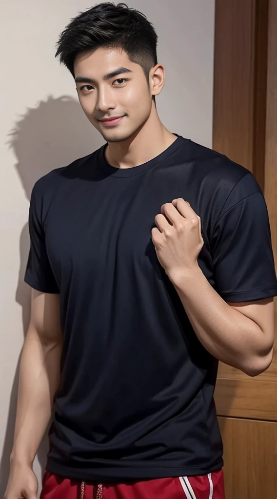 (As a matter of fact, Masterpiece, 8k HD, good light quality, sportswear, fit the face, complicated details), A handsome and muscular young Korean man., Have muscles, (Buzzcut short hair:1.5) ,(Broad shoulders:1.3), 20 years old, be happy, smile brightly, detailed face, delicate eyes, มองดูsky, (Wear a navy tight T-shirt.:1.6), period, black eyes, Black hair color, ผมsmooth, smooth, outdoor sports, Along the garden, Sunny,sky,