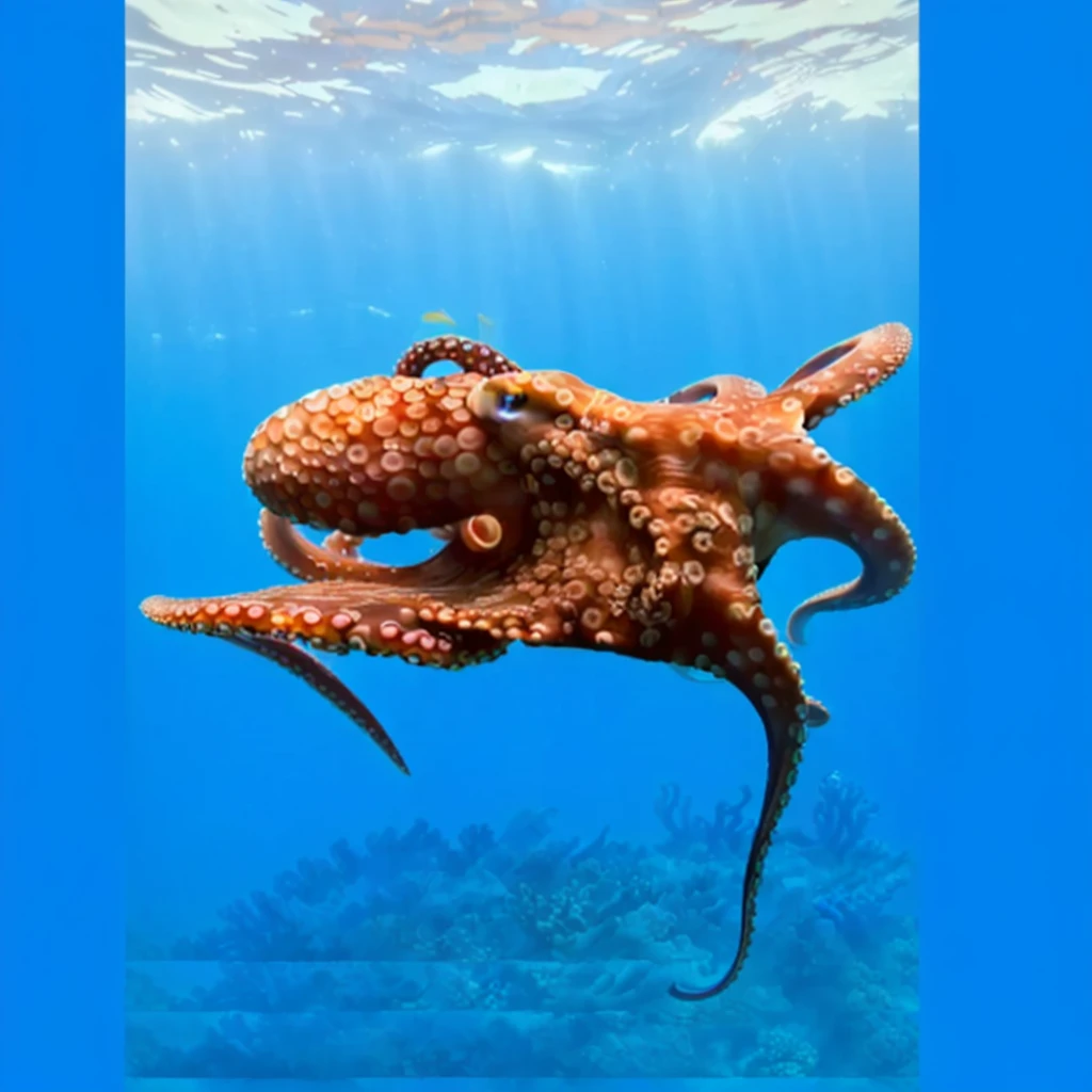 NSFW, work of art, (best qualityer:1.2), (sharp focus:1.2),, octopus,, (mollusk, blue sea, corals), moving tentacles, sea background, aquaman