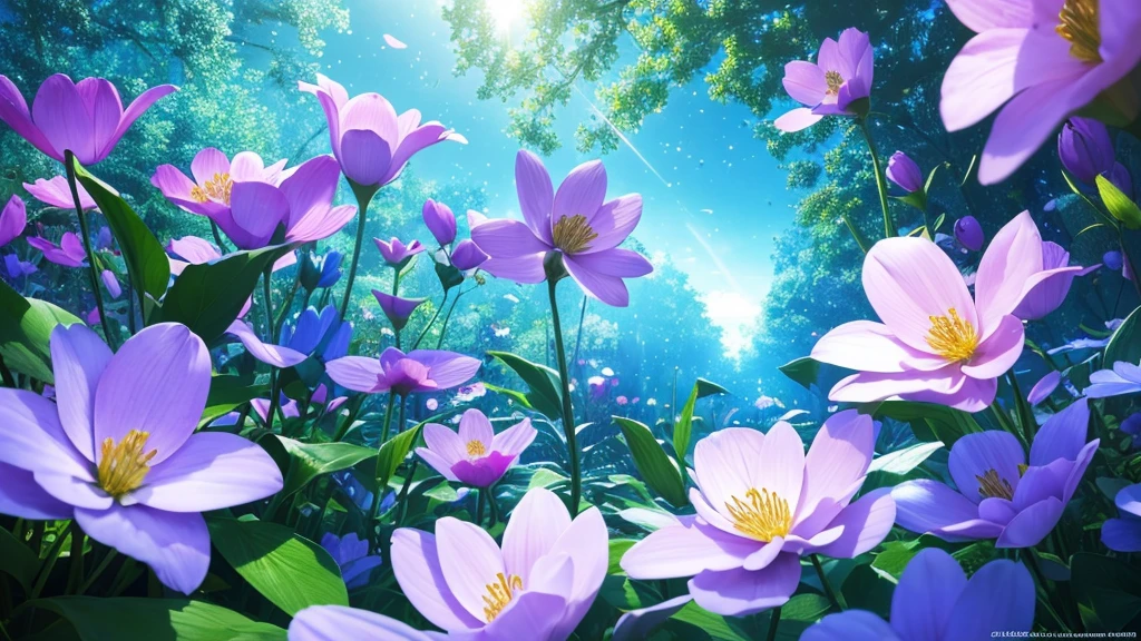 AAll expressed with colorfull jewels, the arrival of spring, various beautiful flowers, angles looking up from below, various jewels falling from the sky, wonderful and beautiful superb view, slightly hazy, fantastic, high resolution, 8K, (best quality, highres, realistic:1.37), shiny metallic flowers, intricate and delicate petals, reflective surfaces, vibrant colors, intricate details, close-up view, surreal garden, surreal beauty, dreamy atmosphere, fine art, abstract botanicals, metallic sculpture, contrasting textures, ethereal glow,blue
