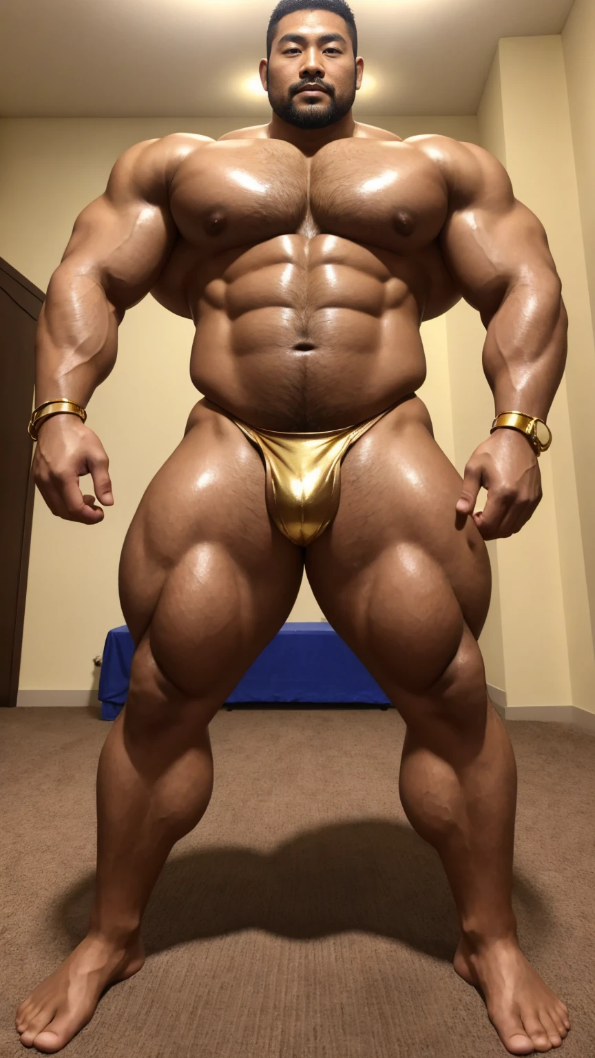 There is only one handsome Chinese man in the photo,35 years old,tall, Fitness,Smooth body,Smooth skin,No chest hair,short hair, O-Shaped Beard,Perfect body, Dark skin color,Radiant Skin,Smooth skin,Shiny, shiny skin,Smooth pectoral muscles,Muscle bulge, muscular, Very large pectoral muscles,Very sexy abdominal muscles,Very well-developed leg muscles,Huge concave and convex area,Brightens oily skin,Wearing a shiny gold leather thong,Handsome face,Normal human toes,Correct and accurate male body proportions,Gold Collar,Gold bracelet,Gold anklets,Stand among the flowers。