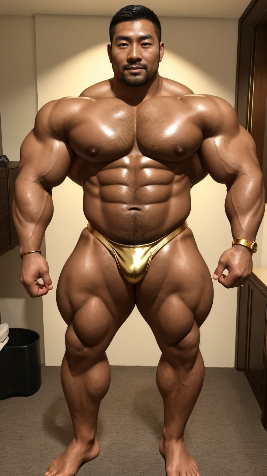 There is only one handsome Chinese man in the photo,35 years old,tall, Fitness,Smooth body,Smooth skin,No chest hair,short hair, O-Shaped Beard,Perfect body, Dark skin color,Radiant Skin,Smooth skin,Shiny, shiny skin,Smooth pectoral muscles,Muscle bulge, muscular, Very large pectoral muscles,Very sexy abdominal muscles,Very well-developed leg muscles,Huge concave and convex area,Brightens oily skin,Wearing a shiny gold leather thong,Handsome face,Normal human toes,Correct and accurate male body proportions,Gold Collar,Gold bracelet,Gold anklets,Stand among the flowers。