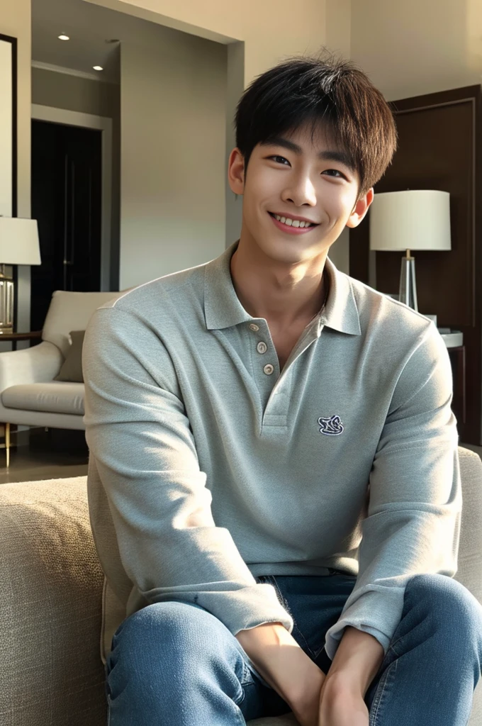 ((realistic daylight)) , (Young Korean man in a polo shirt) , Jeans, A handsome, muscular young Asian man looks at the camera.  , in the living room,turn sideways, smile