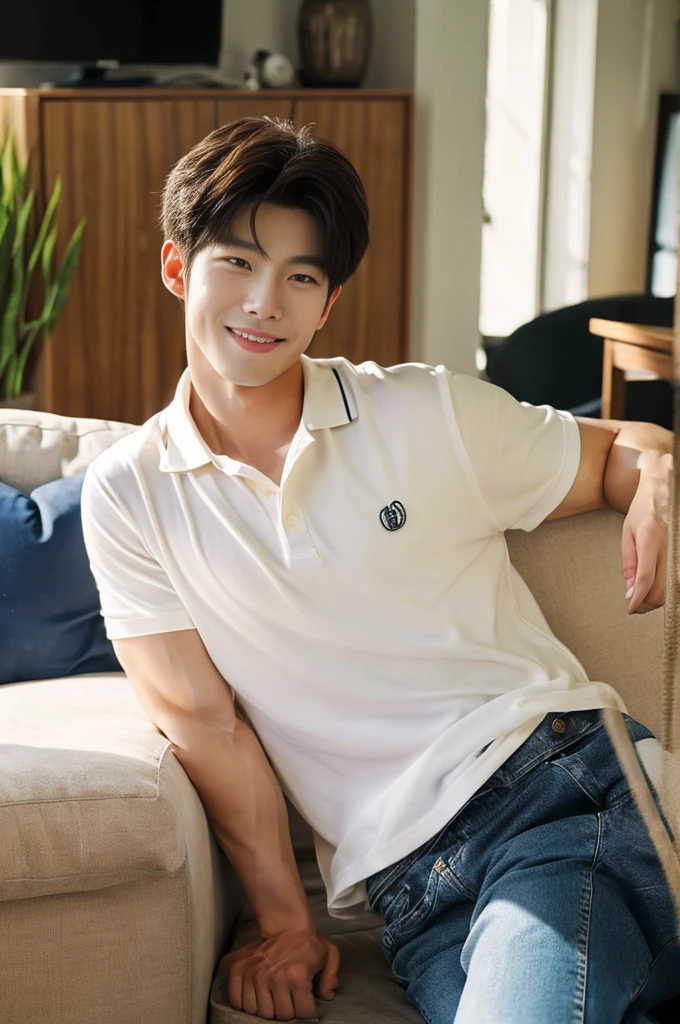 ((realistic daylight)) , (Young Korean man in a polo shirt) , Jeans, A handsome, muscular young Asian man looks at the camera. , in the living room,turn sideways, smile