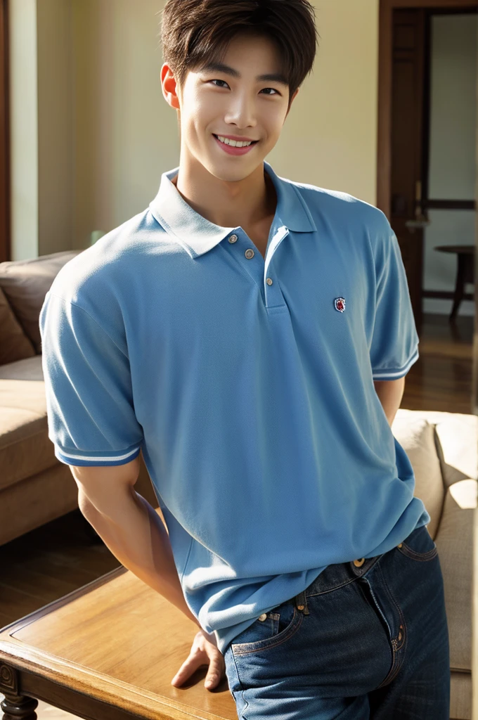 ((realistic daylight)) , (Young Korean man in a polo shirt) , Jeans, A handsome, muscular young Asian man looks at the camera.  , in the living room,turn sideways, smile