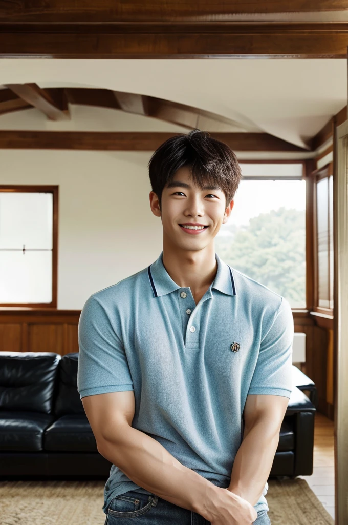 ((realistic daylight)) , (Young Korean man in a polo shirt) , Jeans, A handsome, muscular young Asian man looks at the camera.  , in the living room,turn sideways, smile
