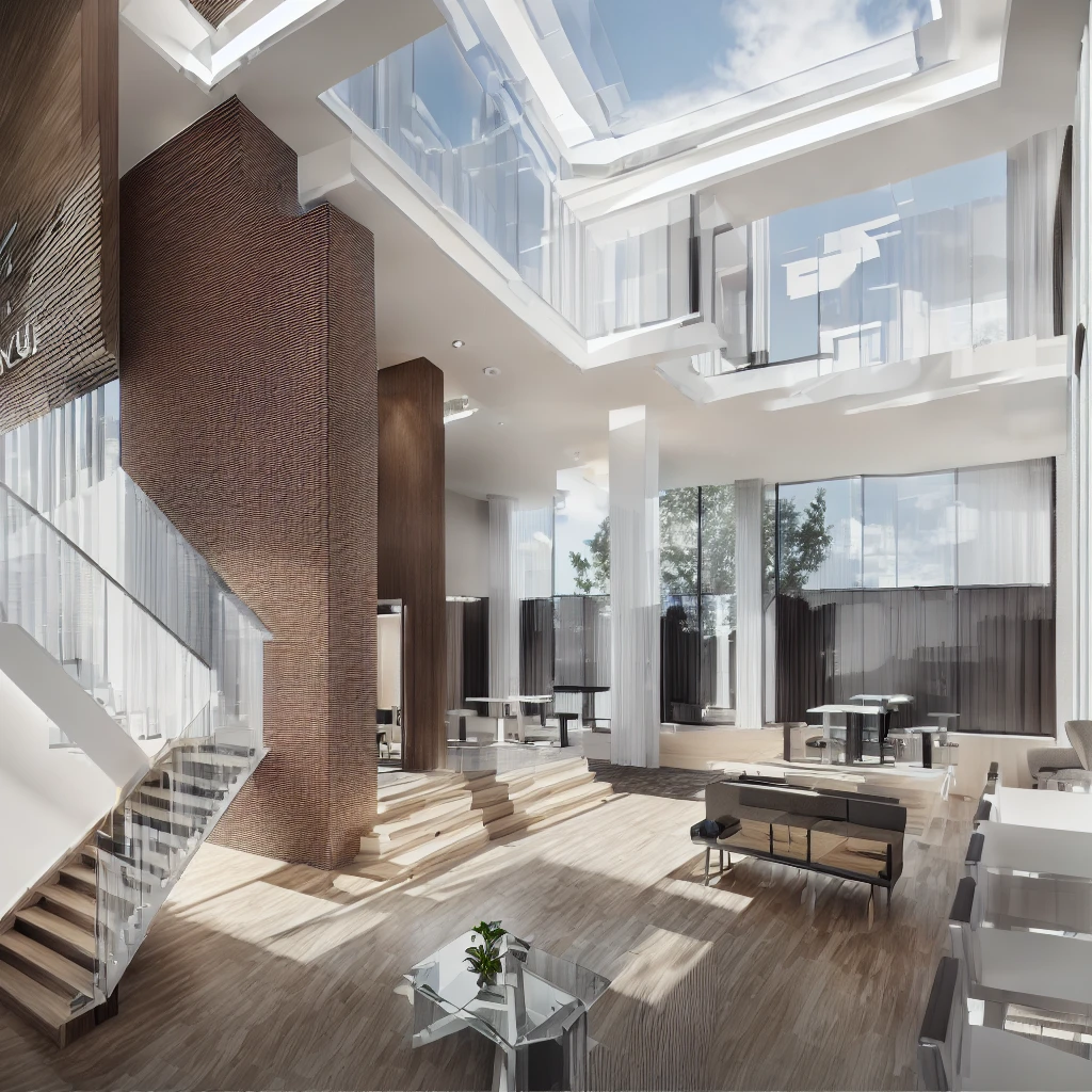 There is an apartment with stairs and work desks including a mixing desk on the right corner and a far table with glass that can look out to the street, output to vue, output to low angle, output to enscape, connect cg rendering,enscape rendering,high detail rendering,3d rendering,3d rendering,semi realistic rendering,3d rendering model,vue 3d rendering,realistic rendering,photorealistic rendering high, architectural results, detailed results